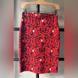 Lovely Maeve for Anthropologie Cockatiel Print Red Pencil Skirt